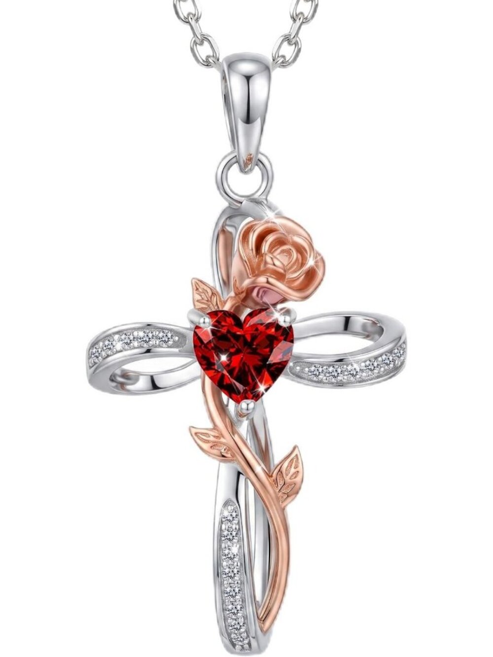 925 Sterling Silver Rose Cross Heart Birthstone Necklace for Women - Elegant